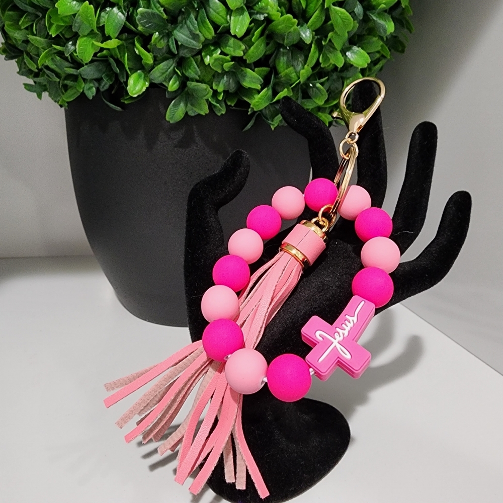 NWT Pink Faith 'Jesus' Keyring Tassel Beaded Bracelet